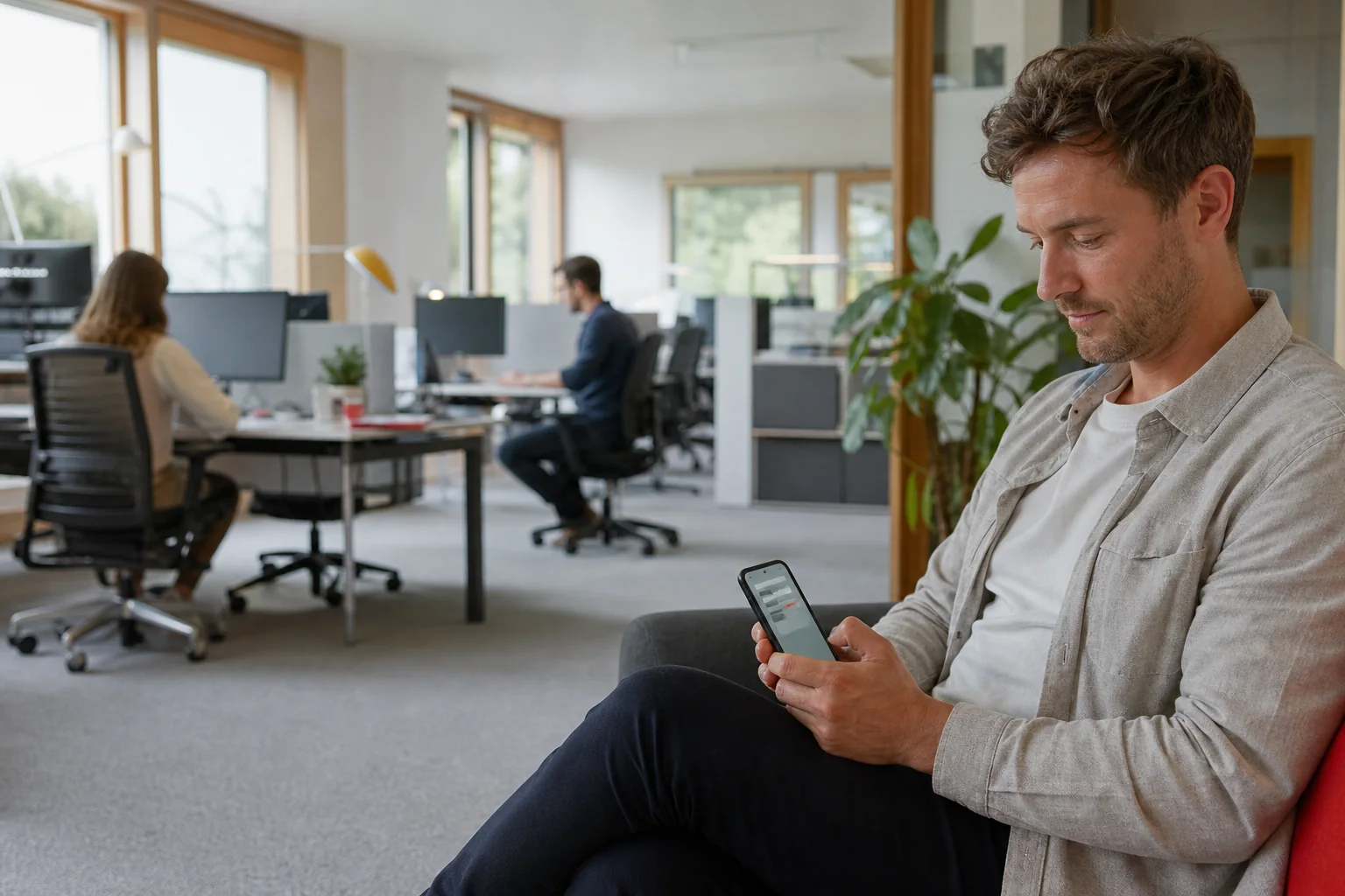 Ein Mitarbeiter beantwortet geschützt eine kurze Befragung auf dem Smartphone